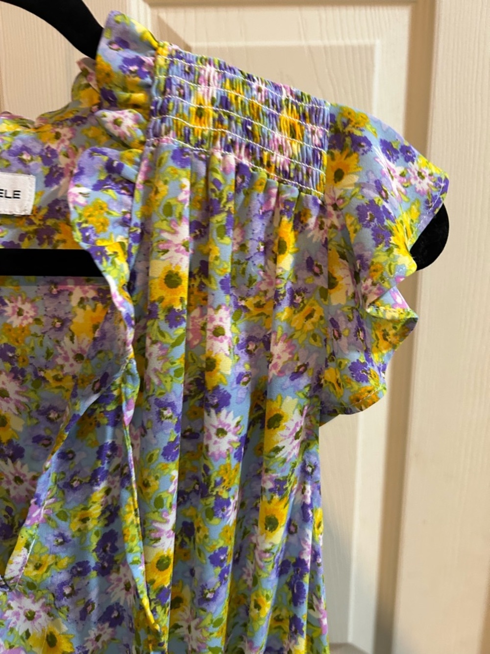 Emma & Michele Yellow and Lavender Floral Dress with Ruffle Neckline - Picture 2 of 3